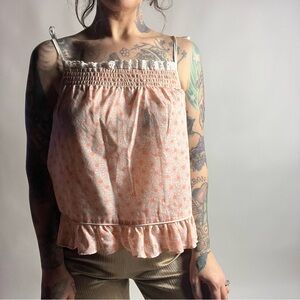 VINTAGE 60s/70s Solid Gold Babydoll Smocked Peach Floral Cami Tank Small